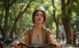 a young woman riding a bicycle through the street