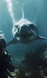 a person standing near a large shark in the water