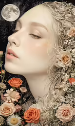 the girl with the flowers in her hair is standing near the moon