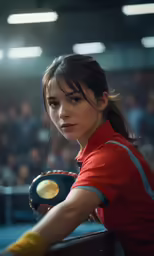 a woman wearing gloves looks at the camera in front of an audience