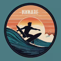 the sun setting behind a surfer silhouette in front of a large ocean wave,a man surfing at sunset with an i think that