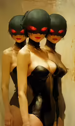 three women wearing rubbersuits with red eyes standing together