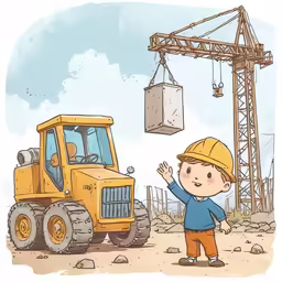 cartoon man and yellow construction vehicle with crane in background