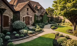 a large home with beautiful garden landscaping in front of it