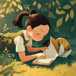 the little girl is laying down reading a book