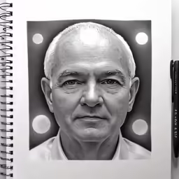 a black and white image of a man with a pen