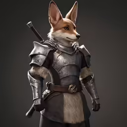 an animated character in armor and weapons