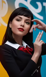 a woman in a black and white shirt, a red tie and a pair of scissors