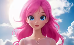 a close up of a pink haired anime girl with blue eyes