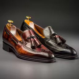 two pairs of shoes with brown, black and tan color,two different color shoes with tassels are shown