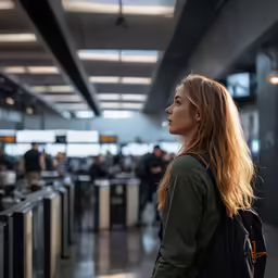a woman with long hair at an airport terminal