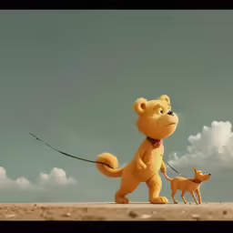 the bear and the dog walk on the beach together