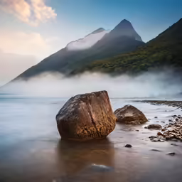 the mountains around the body of water are covered in mist