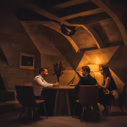 people sitting at a dining table talking to each other