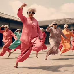 an elderly lady with her hands in the air, surrounded by a group of dancers,an elderly woman running with several others wearing different colored clothing