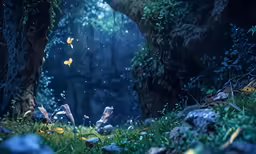 a group of butterflies flying by some trees