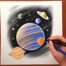 a drawing of the planets as seen from the pencils,a pencil drawing of saturn with the sun and its planets,a hand drawing planets with colored pencils,a drawing of saturn and the planets in color,a hand is drawing the planets on a paper