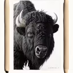 a black and white picture of a bison
