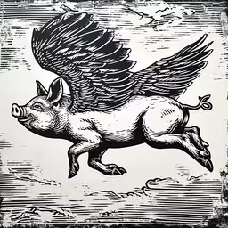 a pig with an angel wing flying over it,the pig flying away from a white bird