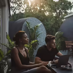 a young man and woman on laptop in the back yard