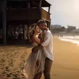 the couple are posing for a photo on the beach,a man and a woman stand in the sand of a beach