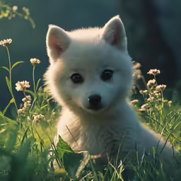 the small white dog is sitting in the grass