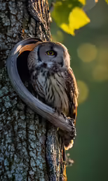 an owl sitting on the side of a tree