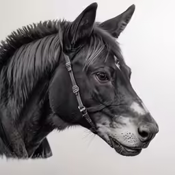 a black and white horse is wearing a bridal bridle