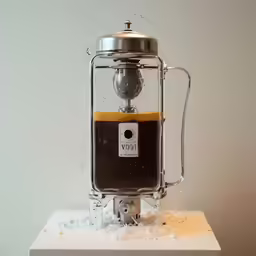 a metal pitcher on display with liquid