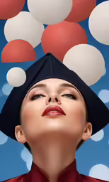 a woman wearing a black hat and red blouse