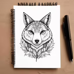 a notebook with a pen on it and a drawing of a wolf face