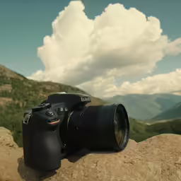 camera on the rocks with a cloudy sky and mountains