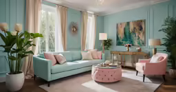 a living room with pastel furniture in the center