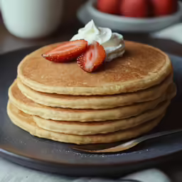 pancakes with whipped cream and two strawberries