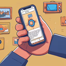 someone is holding their phone while watching a ship on the water,the hand is holding up a phone that shows pictures of boats