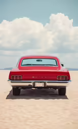 an old red car parked on a beach with sand dunes