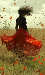 a woman is walking in a field with red flowers