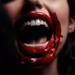 a woman with blood all over her mouth