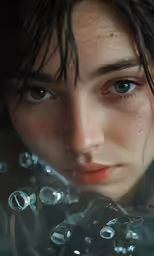 a woman with water droplets around her face
