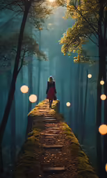 person walking on path with candles in the forest