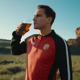 a man standing on the side of a field holding up a beer glass