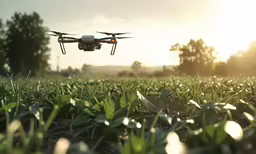 a small remote control airplane flying over crops in the sunlight