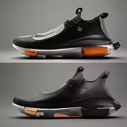 two pictures of black shoes that have orange and white stripes
