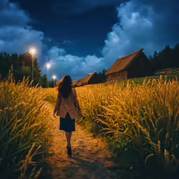 a woman is walking down a path in a grassy field