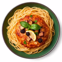 a plate of food has spaghetti and meat with blackberries