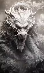 an old dragon with its mouth open standing in the water