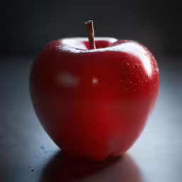 an apple that is shiny and red with water droplets