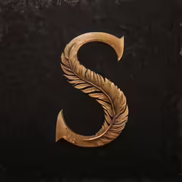 a feather on the letter s that appears to be carved into a gold - toneed background