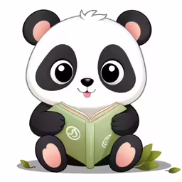 a panda bear reading a book and sitting down
