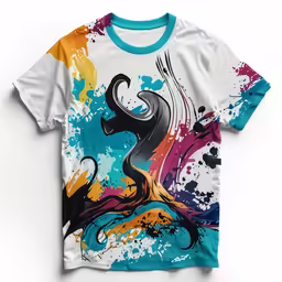a shirt on display with a colorful splash of paint